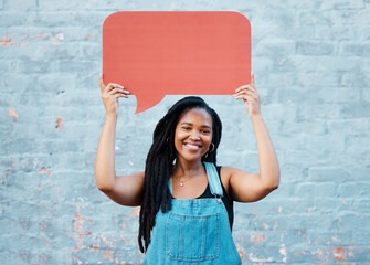 Black woman, feedback or speech bubble for idea, social media or review mock up copy space. Happy portrait of girl, vote or text graphic icon for opinion, communication or survey dialogue ballon. - obrazy, fototapety, plakaty