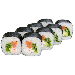 Delicious sushi on a white background isolate. Rolls with salmon, green vegetables and crab sticks