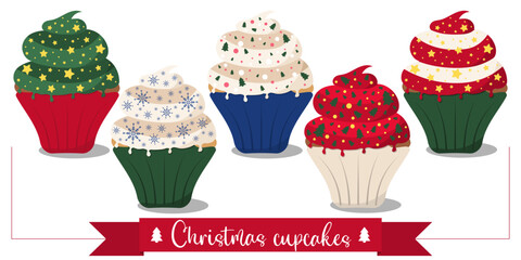 Set of Christmas cupcakes with sprinkles. Flat illustration isolated on white background. Festive sweets for the New Year celebration. Christmas collection. Cute baking for the holiday.