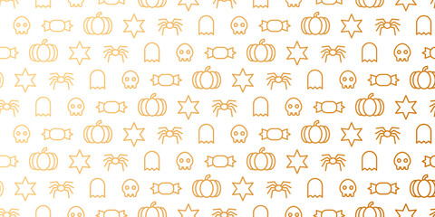 Concept of Halloween pattern with pumpkins, skull, star, spider. Line are, Vector. Cute character in seamless pattern