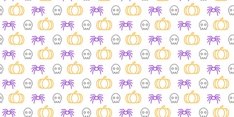 Concept of Halloween pattern with pumpkins, skull, star, spider. Line are, Vector. Cute character in seamless pattern