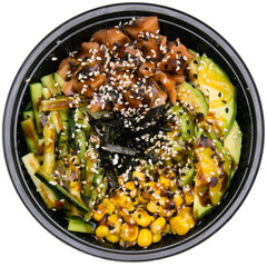 Appetizing bowl with salmon, avocado, sesame, corn, cucumber and nori topped with sweet sauce and unagi soy sauce, in a plastic takeaway package, isolated on white background. Food delivery concept