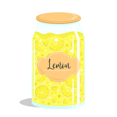 Glass pot with lemon jam. Lemon slices in jar. Flat illustration isolated on white background. Pot with jam for autumn, winter. Prevention of diseases with natural citrus fruits.