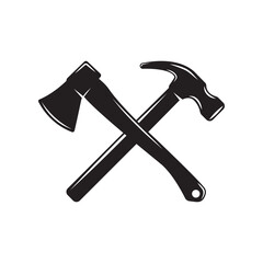 Vintage carpentry woodword mechanic hammer axe cross. Can be used like emblem, logo, badge, label. mark, poster or print. Monochrome Graphic Art. Vector