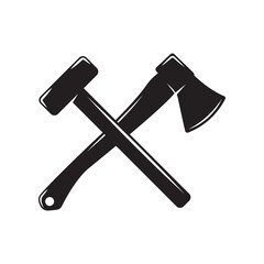 Vintage carpentry woodword mechanic axe big hammer cross. Can be used like emblem, logo, badge, label. mark, poster or print. Monochrome Graphic Art. Vector Illustration.