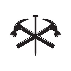 Vintage carpentry woodword mechanic hammer nail cross. Can be used like emblem, logo, badge, label. mark, poster or print. Monochrome Graphic Art. Vector