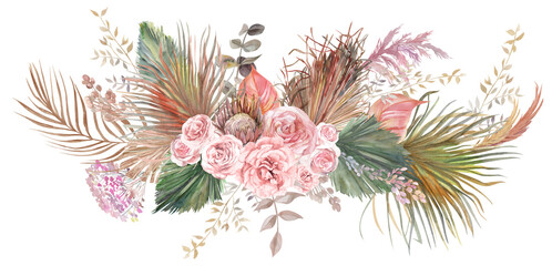 Watercolor horizontal illustration with a bouquet of flowers from light roses and dried flowers of pampas grass and palm leaves for postcards in boho style isolated on a white background
