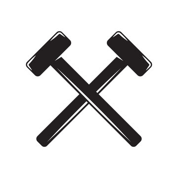 Vintage carpentry woodword mechanic big hammer cross. Can be used like emblem, logo, badge, label. mark, poster or print. Monochrome Graphic Art. Vector
