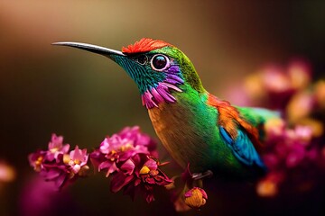 exotic colibri, hummingbird on a flower, tropic garden with beautiful multicolor bird, generative ai - obrazy, fototapety, plakaty
