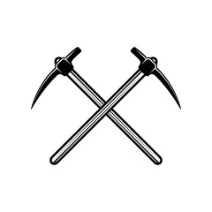 Vintage mining pickaxe. Can be used like emblem, logo, badge, label. mark, poster or print. Monochrome Graphic Art. Vector