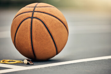 Basketball, sport and whistle with a ball on a court outside for fitness, exercise or sports...