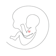 Baby in mom's belly drawn with single line with pink heart. Pregnancy, motherhood. Minimalism. Vector illustration.