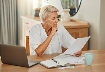 Senior woman, debt and laptop bills payment for loan budget and retirement finance paperwork at...