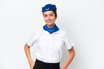 Airplane stewardess caucasian woman isolated on white background laughing
