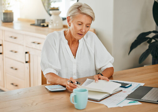 Schedule, documents and finance with a senior woman planning for her future retirement with savings, investment and wealth. Notebook, writing and laptop with an elderly female pensioner at home