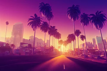  3d Retro wave city background. Neon night landscape with a futuristic city in the style and aesthetics of the 80s and 90s. Synthwave, cyberpunk, computer video games, concept. © helen_f