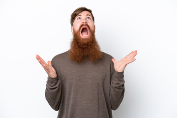 Redhead man with beard isolated on white background stressed overwhelmed