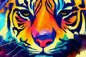 Tiger. Asian animal. Print for clothing. Neon, colorful illustration of wild cat.