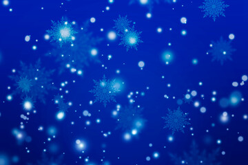 Fototapeta na wymiar blue merry christmas background with bokeh and snowflakes. Place for text, copyspace.