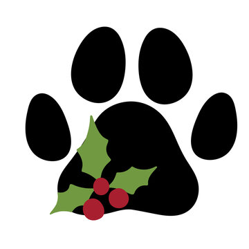 Dog Paw Print with mistletoe. Christmas Dog. Love dogs. Vector illustration. Isolated on white background.