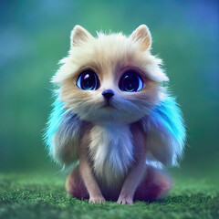 3D-image of cute little fantasy creature with big fluffy ears and bright eyes