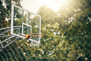 Nature, basketball court and basket for fitness training and game tournament score exercise....