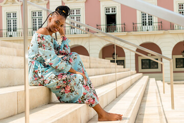Photographing beautiful woman on stairs 