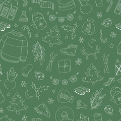 Christmas seamless pattern with hand drawn doodles on green background. Good for wrapping paper, packaging, wallpaper, scrapbooking, textile prints, stationary, etc. EPS 10
