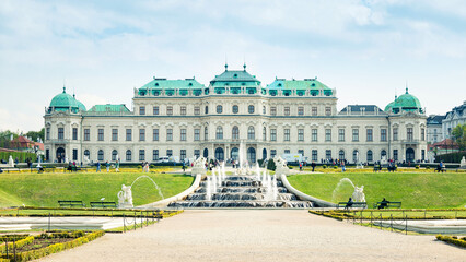 VIENNA, AUSTRIA - APRIL 20, 2022. Upper Belvedere palace with fountain and gardens in spring.