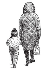 Sketch of mother with little son walking outdoors