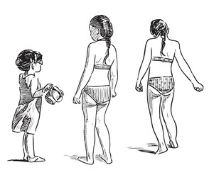 Sketch of three small sisters sunbathing on beach - 536581160