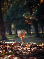 mushroom in the forest in soft sunlight