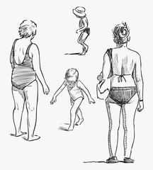 Sketches of casual women with children sunbathing on beach