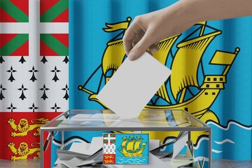 Saint-Pierre and Miquelon flag, hand dropping ballot card into a box - voting/ election concept - 3D illustration