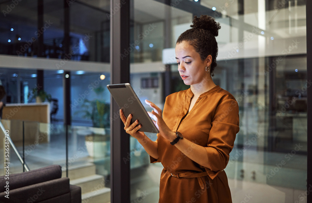 Aufkleber tablet, working at night and woman employee planning or typing digital strategy in an office. busine