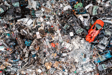Full frame Aerial view above a pile of scrap metal and crushed vehicles