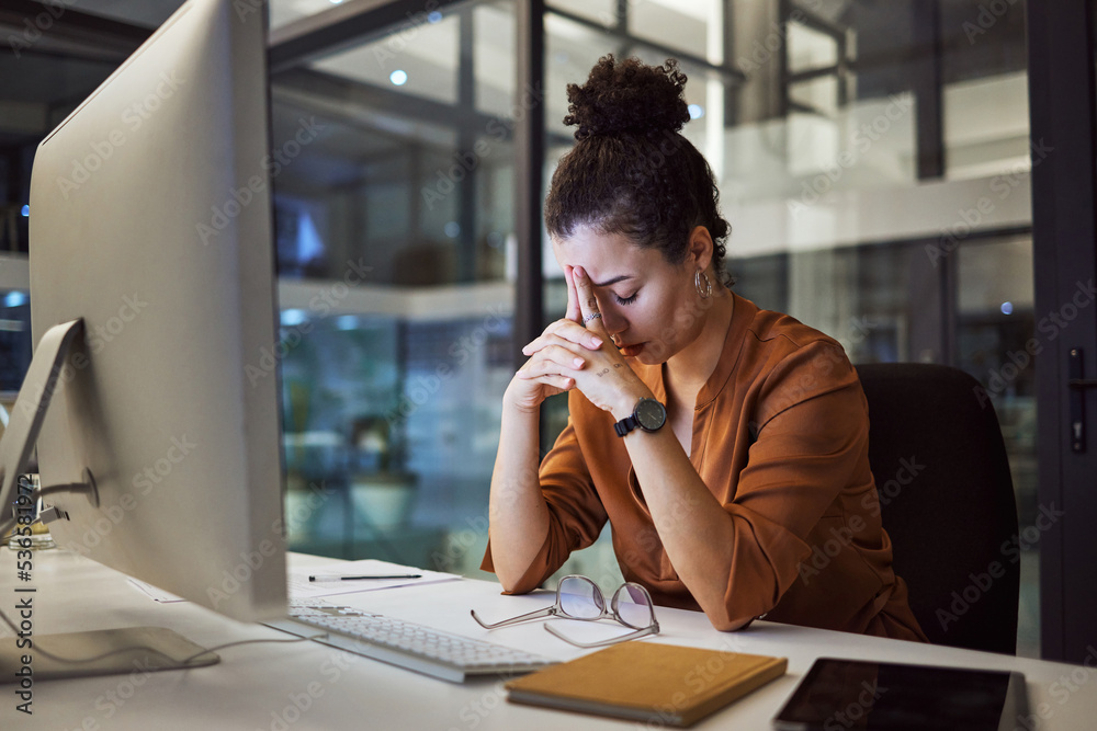 Poster Headache, business woman at night and computer stress while working for a deadline with pc glitch. Sad corporate manager with anxiety about target working at desk screen late to complete task online