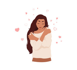 Woman hugs herself by the shoulders. Love yourself concept. Self care. Cartoon, flat vector illustration. Mental health support