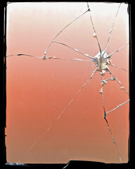 A broken window of opaque glass in a wrought iron frame.