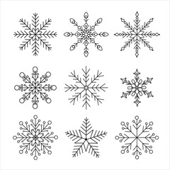 Snowflakes Christmas set simple doodle linear hand drawn vector illustration, winter holidays New Year elements for seasons greetings cards, invitations, banner, poster, stickers