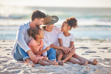 Parents, kids and beach sand vacation, family holiday and summer sea travel together in Portugal....