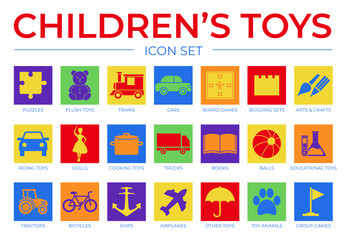 Colorful Children's Toys Icon Set with Puzzle, Plush, Train and Car, Board Game, Dolls, Animals, Other and Group Game Isolated Rectangle Icons