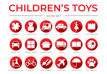 Flat Red Children's Toys Icon Set with Puzzle, Plush,  Board Game, Dolls, Cooking, Balls, Animals Isolated Icons