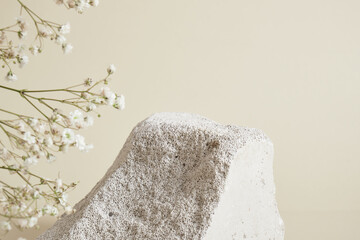 mockup background for product presentation, beige background, concrete podium and hyposphila flower
