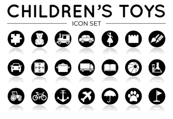 Black Children's Toys Icon Set with Reflection with Puzzle, Plush, Dolls, Cooking, Ship, Truck, Book, Balls, Educational, Tractor, Bicycle, Plane, Animals, Other and Group Game Isolated Icons