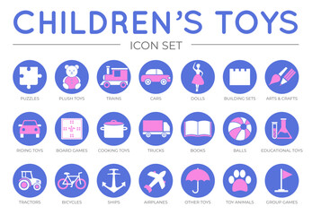 Purple Children's Toys Icon Set with Puzzle, Plush, Train and Car, Dolls, Arts and Crafts, Building Sets, Cooking, Ship, Truck, Book, Balls, Educational, Tractor, Colorful Isolated Icons