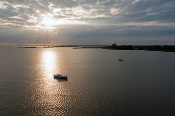 Aerial at the IJsselmeer near Lemmer in the Netherlands at sunset
