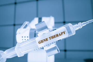 liquid dispenser of genetic solution for gene therapy in the roboter arm. Gene therapy is a...