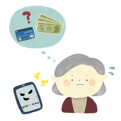 振り込め詐欺で慌てる高齢者のイラスト手描き素材