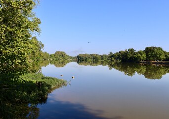 A view of the river in the countryside on a sunny day.